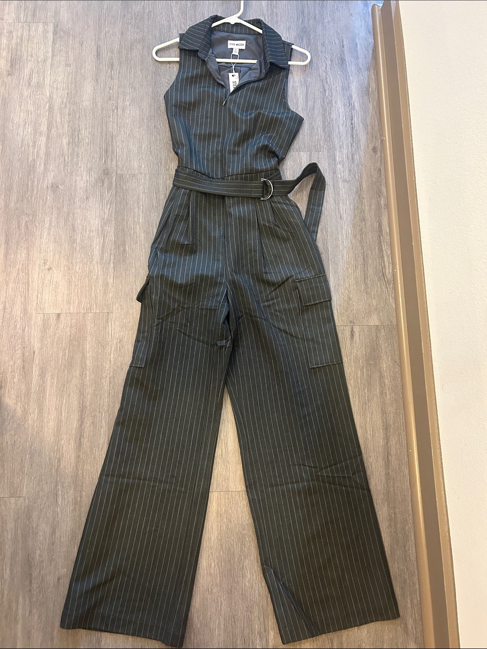 Steve Madden Black Pinstripe Sleeveless Utility Jumpsuit